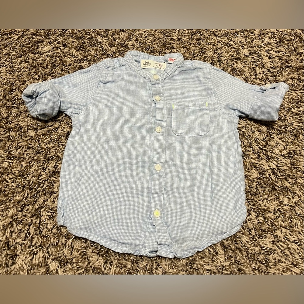 Zara Blue and White Grid Print Long Sleeve Button Down Shirt Boys 12-18 Months